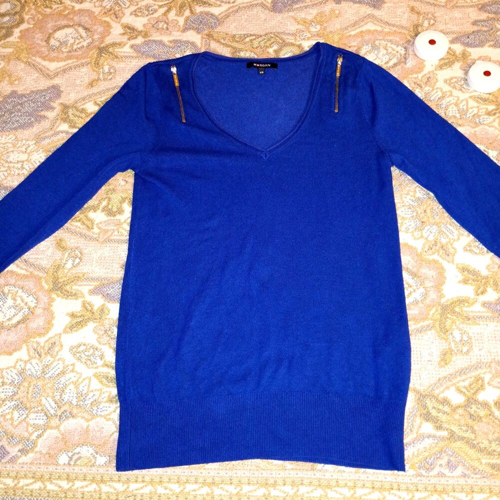 VTG Morgan de Toi Royal Blue Knit Sweater Top Women's XS Gold Shoulder Zips Y2K